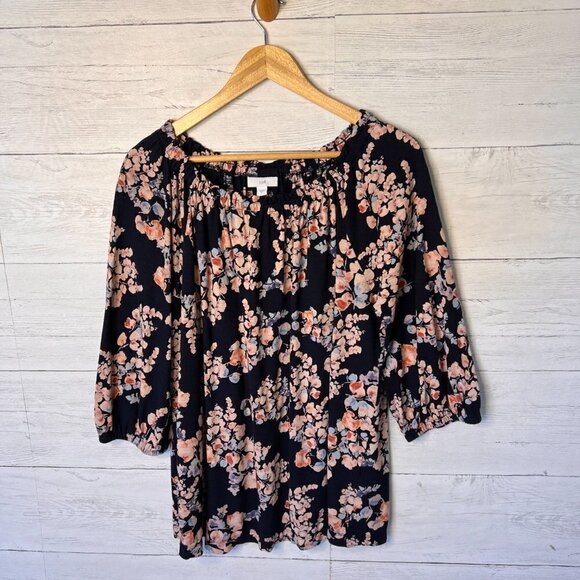 J Jill Blouse Size Large Navy Floral Print 3/4 Sleeve Ruffle Cottagecore Ditsy - Picture 3 of 14
